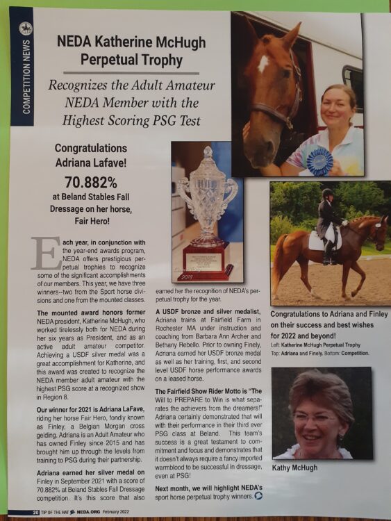Adriana LaFave, USDF Silver Medalist, recognized for her Achievement in 2021 by New England Dressage Assoc. 